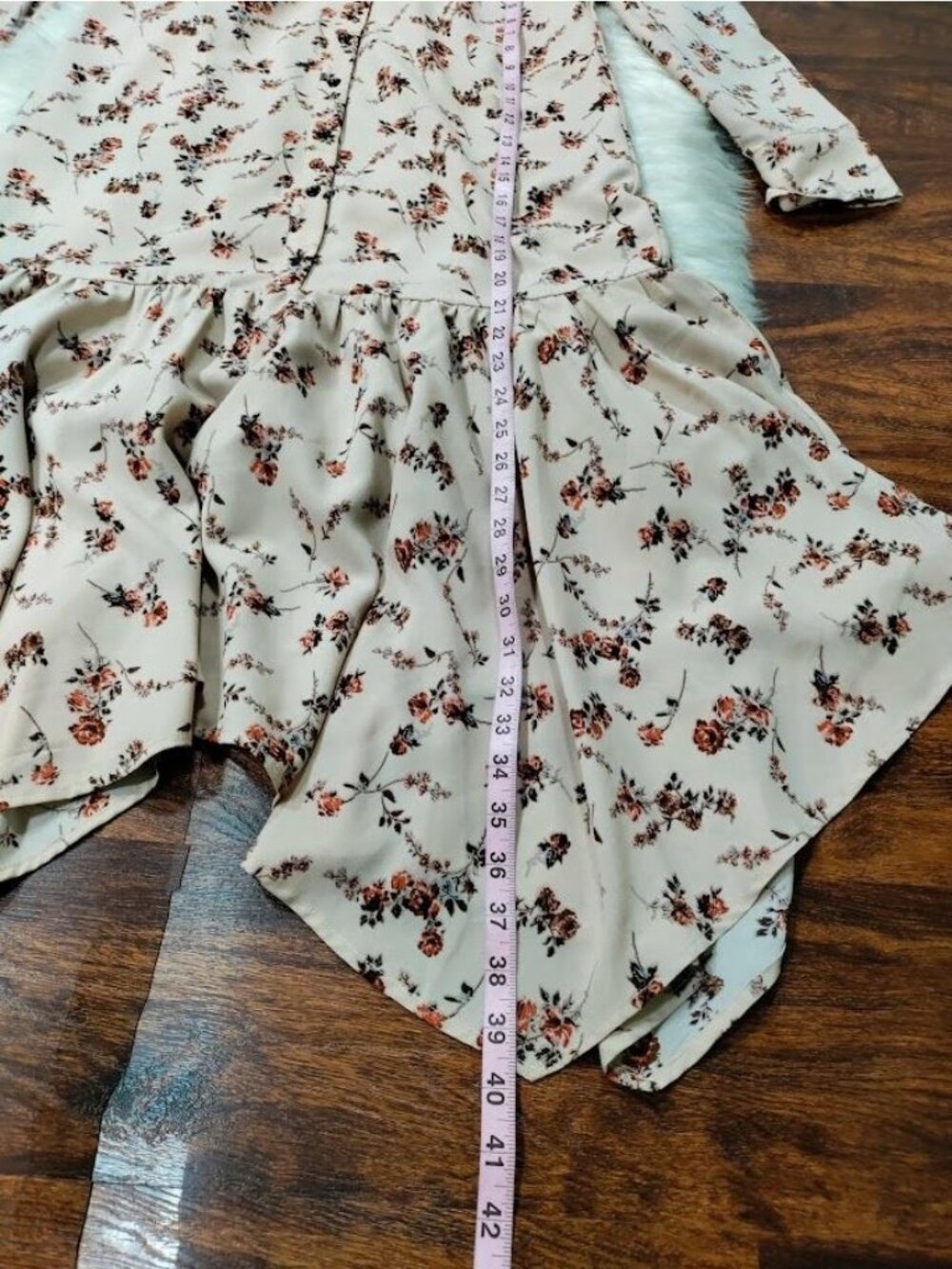 Begonia Puff Long Sleeve High Neck Floral Print Hi-Low Dress Beige Womens Small - Picture 9 of 16